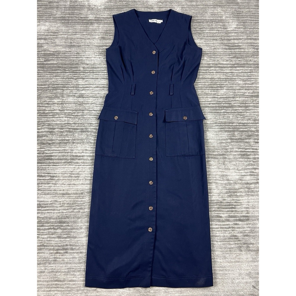 Vintage Ronnie Heller Dress Womens 8‎ Blue Made in USA Maxi Button Up Pockets